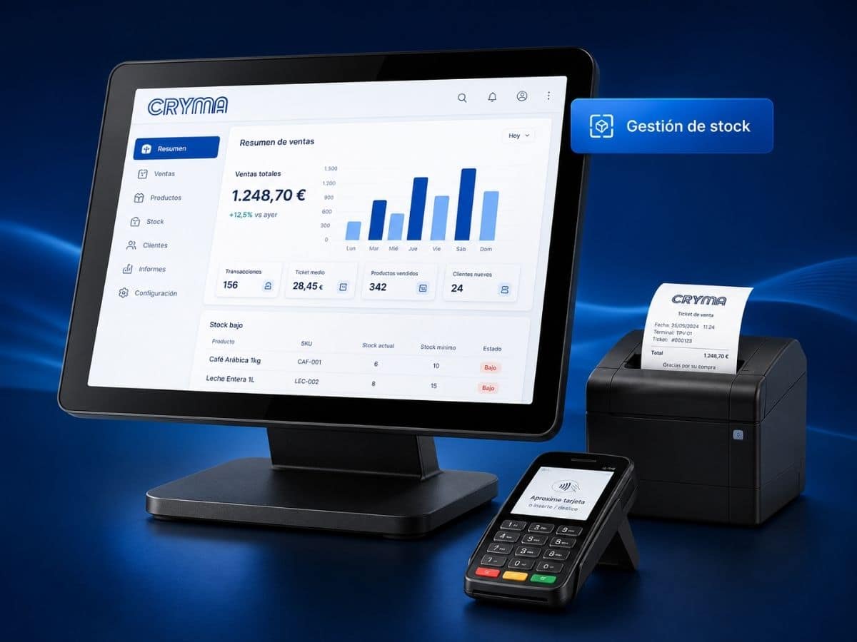 Sistema TPV con gestión de stock y ventas, impresora de tickets y datáfono de Cryma